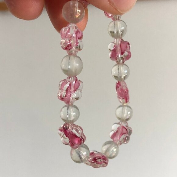 Handmade Glass Bracelets Round Flower Beads Blue Clear Pink Brown, 5.75 to 6.5'' - Picture 5 of 16